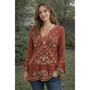 NanaMacs Kaftan Blouse Boho Top Red Embroidered Long Sleeve V-Neck Size M